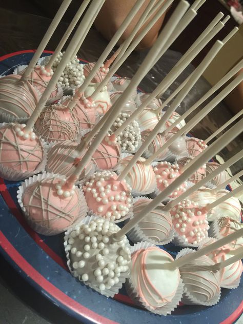 Cake pops! Touch of pink, grey, and white! Pink And White Party Food, Pink And Grey Sweet 16 Party, Pink And Grey Birthday Party Ideas, Light Pink And White Party Decor, Pink White And Silver Sweet 16 Decorations, Pink White Silver Birthday Decorations, Pink And White Decorations Party, White And Pink Birthday Theme, Pink And White Party Theme