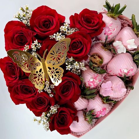 Heart Box With Strawberries, Heart Box With Flowers And Chocolate, Flower And Strawberry Gift Boxes, Heart Box Arrangement, Flowers With Strawberries, Flower And Strawberry Arrangement, Heart Box With Roses And Strawberries, Heart Box Strawberries, Rose And Strawberry Bouquet