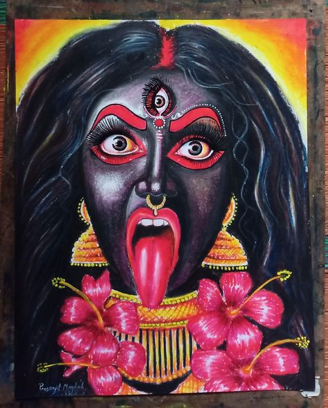 Ma Kali Drawing Sketch, Kalika Mata Rangoli, Drawing Ideas Oil Pastels, Parvati Drawing, Pastel Colour Drawing, Maa Drawing, God Drawings, Oil Pastel Artwork, Spiritual Drawings