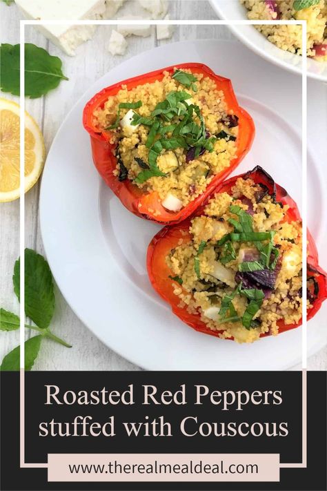 Stuffed Capsicum Vegetarian, Couscous Stuffed Peppers, Stuffed Red Peppers, Feta Stuffed Peppers, Greek Stuffed Peppers, Baked Peppers, Red Pepper Recipes, Mediterranean Couscous, Vegetable Couscous