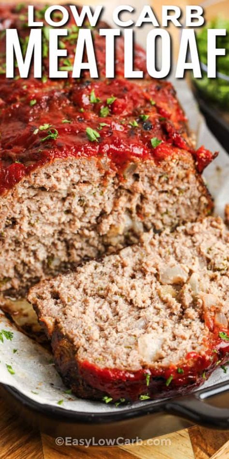 This Low Carb Meatloaf recipe is totally keto and super easy to make! This basic meatloaf recipe has a tasty sugar-free topping you'll love. #easylowcarb #lowcarbmeatloaf #lowcarbmeatloafrecipe #moistmeatloaf #basicmeatloaf entree #recipe #easy #keto #best #baked #oven Basic Meatloaf Recipe, Basic Meatloaf, Low Carb Meatloaf, Healthy Low Carb Dinners, Good Meatloaf Recipe, Low Carb Low Fat Recipes, Breakfast Low Carb, Best Meatloaf, Low Sugar Recipes