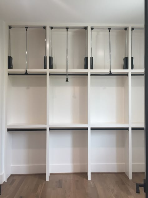 Triple Closet Rods, Three Tier Hanging Closet, Transitional Accent Wall, Closet With Peninsula, Tall Closet Ideas, 3 Tier Closet, Closet Organizer Plans, Basement Closet, Rustic Closet