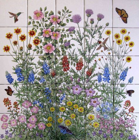 Judys Texas Wildflower Garden tile mural backsplash, extensive array of native Texas wildflowers in garden, hummingbirds and butterflies. Artist Julia Sweda. Flower Tile Backsplash, Wildflower Mural, California Wildflowers, Garden Tattoos, Wildflower Tattoo, Flower Mural, Garden Tiles, Indian Paintbrush, Flower Tile