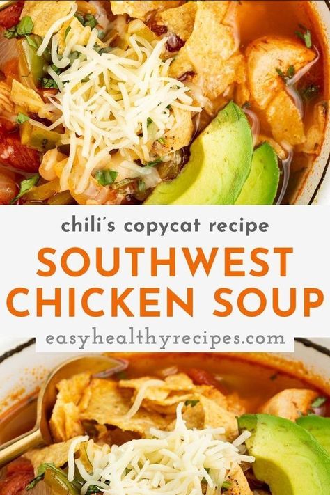 This Chili's southwest chicken soup is easy to make at home with just one pot! Loaded with flavor and fresh ingredients, this soup will quickly become one of your family favorites. Chilis Southwest Chicken Soup, Southwest Soup, Southwestern Soup, Chilis Copycat Recipes, Southwestern Chicken Soup, Southwest Chicken Soup, Mexican Soup Chicken, Southwestern Chicken, Southwestern Recipes