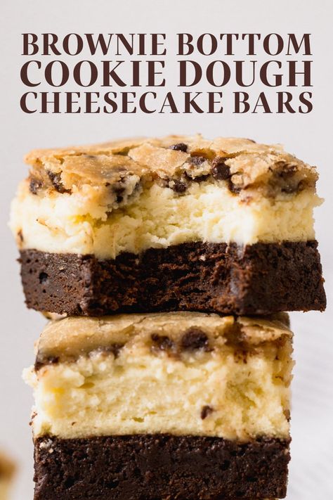 Holy over the top dessert recipe! Brownie Bottom Cookie Dough Cheesecake Bars have a layer of fudgy, chewy brownie, homemade cheesecake filling, and an easy chocolate chip cookie dough topping! Deep Fried Cookie Dough, Cookie Dough Cheesecake Bars, Creme Brulee Cheesecake Bars, German Chocolate Cookies, Creme Brulee Cheesecake, Cookie Dough Cheesecake, Brownie Cheesecake, Cookie Toppings, Handle The Heat