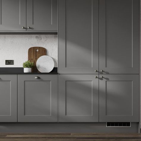 Slate Grey Kitchen, Howdens Chelford, Black Shaker Kitchen, Kitchen Shaker Style, Kitchen Larder Units, Downstairs Wc, Kitchen Shaker, Fitted Kitchens, Larder Unit