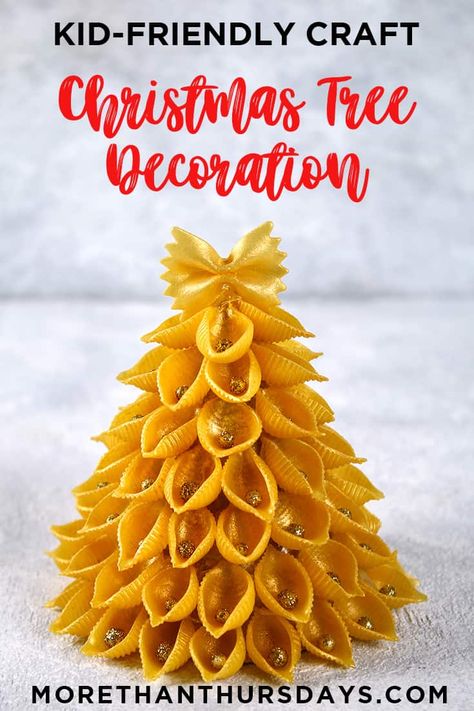 Pasta Christmas Tree - More Than Thursdays Pasta Crafts For Adults, Pasta Christmas Tree, Pasta Ornaments, Christmas Tree Decorations For Kids, Christmas Tree Crafts For Kids, Diy Christmas Projects, Macaroni Crafts, Christmas Tree At Home, Noodle Crafts