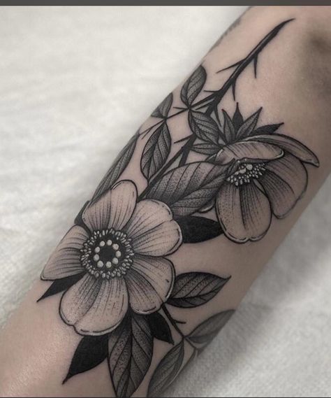 Dark Shaded Flower Tattoo, Dark Flower Tattoos, Anemone Flower Tattoo, Dark Floral Tattoo, Tlou Tattoo, Narcissus Tattoo, White Flower Tattoo, Blackberry Tattoo, Portfolio Design Ideas