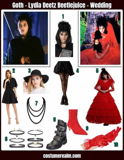 Lydia Halloween Costume Beetlejuice, Beetlejuice Costume Female Lydia, Lydia Deetz Wedding Costume, Lydia Deets Diy Costume, Beetle Juice Characters Costume Ideas, Lydia From Beetlejuice Costume, Beetle Juice Lydia Costume, Beetlejuice Movie Costumes, Lydia Beetlejuice Outfit