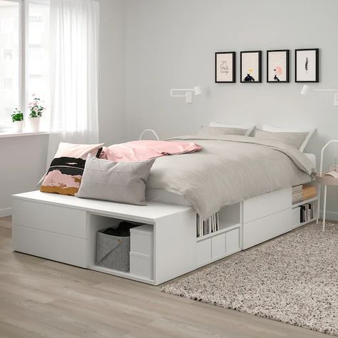 High Bed Frame With Storage, Platsa Bed Ikea, Small Bed With Storage, Ikea Platsa Bed, Small Bed Designs, Double Bed Rooms Ideas, Ranjang Aesthetic, Small Bedroom Double Bed, Bed On Floor Ideas Small Room