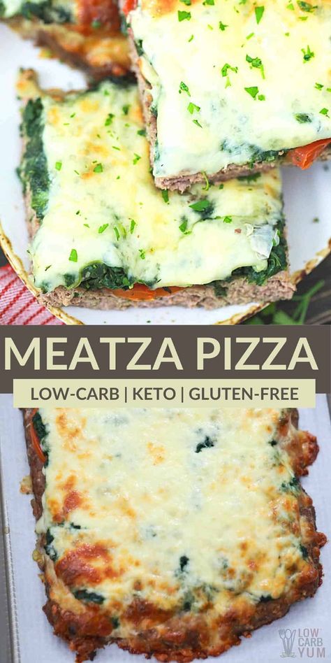 A paleo-friendly low-carb meatza pizza is basically just a seasoned ground beef mix cooked flat to make a crust. Then, it's topped off with veggies. Perfect for pizza night! Meatza Pizza, Beef Pizza, Low Carb Spaghetti, Seasoned Ground Beef, Healthy Low Carb Dinners, Spinach Tomato, Low Carb Low Fat Recipes, Boiled Egg Diet Plan, Diet Recipes Easy