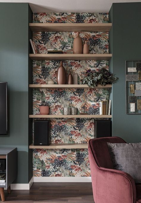 Diy Bookcase Makeover, Alcove Shelves, Best Bathroom Paint Colors, Alcove Shelving, Dining Room Wallpaper, Timeless Interior, Front Rooms, Decor Home Living Room, Living Room Inspo