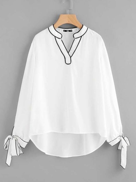 Tipping Detail Bow Tie Cuff Blouse | SHEIN USA Tie Cuff Blouse, Áo Blu, Girly Tops, Bow Tie Top, Tie Top, White Blouse, Kurti Designs, Fashion Tops, Ladies Tops Fashion