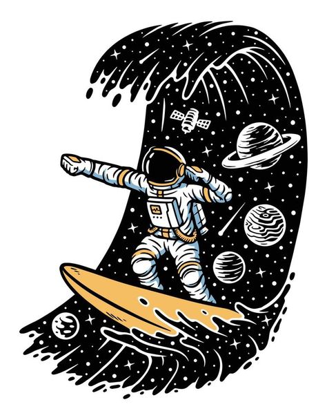 Surfing in space. Astronaut illustration Astronaut Illustration, Whale Illustration, Wave Illustration, Space Fabric, Astronaut Art, Space Artwork, Space Astronaut, Summer Svg, Fabric Panel