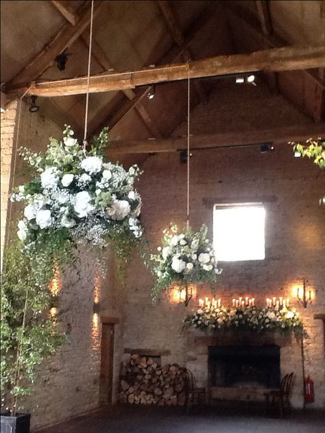 Love the full baskets - Classic green and white floral hanging basket displays. Cripps Barn wedding, By Aquaflorist.com Hanging Baskets Wedding Decor, Hanging Floral Wedding Ceremony, Hanging Flower Baskets Wedding, Hanging Baskets From Ceiling, Cripps Barn Wedding, Wedding Food Display, Floral Arches, Barn Wedding Decorations, Flower Installation