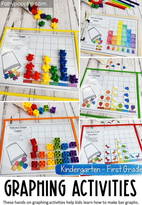 These hands on spill and graph activities help kids learn how to record data on a bar graph. #graphingactivities #bargraph #kindergartenmath #datacollection #firstgrademath #mathcenter #mathactivities #graphingworksheets Graphing Activities 1st Grade, Data Handling Activities, Tally Mark Activities, Graphing Kindergarten, Graph Activities, Bar Graphs Activities, Graphing Worksheets, Picture Graphs, Bar Graph