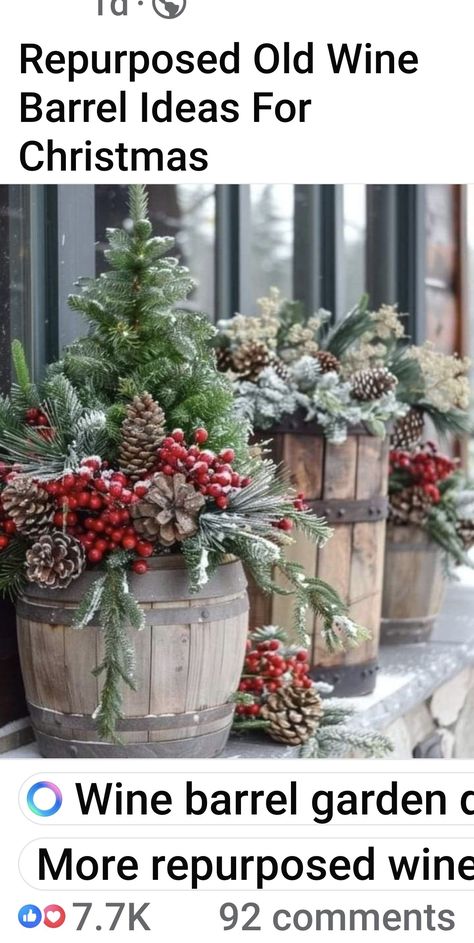 Winter Whiskey Barrel Planter, Christmas Whiskey Barrel Decorations, Christmas Bucket Decoration Ideas, Christmas Wash Tub Ideas, Wash Tub Christmas Decor, Whiskey Barrel Christmas Decor, Barrel Christmas Decor, Wine Barrel Garden, Barrel Decor