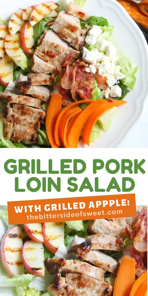 This Grilled Pork Loin Salad with Grilled Apples is a refreshing salad loaded with flavor! Top with bacon, carrots and feta cheese and you have perfection! Pork Loin Salad, Carrots And Feta, Grilled Apples, Bacon Carrots, Pork Salad Recipes, Grilled Pork Loin, Summer Grill, Pork Salad, Seasonal Salad