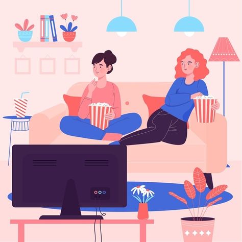 Watching Tv Illustration, Cafe Murals, Movie At Home, Watching A Movie, At Home Movie Theater, Female Cartoon Characters, Flat Design Illustration, Vector People, Texture Graphic Design