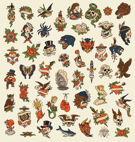 Tattoo Flash Ideas - All You Need to Know [2020 Information Guide] Classic Tattoo Old School, Old School Sailor Tattoo, American Traditional Tattoo Flash, Traditional Tattoo Flash Sheets, Americana Tattoo, Vintage Tattoo Art, Traditional Tattoo Flash Art, Traditional Tattoo Old School, Sailor Tattoos