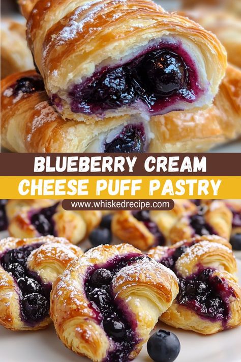 These Blueberry Cream Cheese Puff Pastries are the perfect mix of flaky, buttery pastry and sweet, tangy filling. Made with store-bought puff pastry, they’re easy to make and perfect for breakfast, brunch, or dessert! Pastry Brunch Ideas, Easy Pastry Breakfast, Puff Pastry Cream Cheese Desserts, Brunch Recipes Puff Pastry, Berry Turnovers Puff Pastries, Easy Desserts Puff Pastry, Thanksgiving Breakfast Pastries, Puff Pastry Recipes Blueberries, Puff Pastry Recipes With Cream Cheese