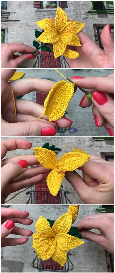 Crochet Easy Yellow Lily - ilove-crochet Bouquet Crochet, Beau Crochet, Gubahan Bunga, Crochet Flowers Easy, Crochet Mignon, Crochet Flowers Free Pattern, Confection Au Crochet, Crochet Bouquet, Crochet Easy