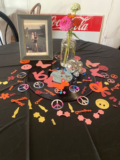 The personalized conffetti was a hit for this groovy party! #confetti #tabledecor #record #decades #peace #love #70s #partyinspo Decades Party Centerpieces, Decades Party, Table Spread, Groovy Party, Party Confetti, Table Confetti, 60s Retro, Retro Party, Party Centerpieces