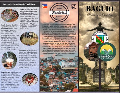 Baguio Travel Brochure, Baguio City Brochure, Baguio Brochure, Infographic Brochure Design, Aesthetic Brochure Ideas, Brochure Aesthetic, Brochure Design Ideas, Travel Brochure Design, Brochure Design Layouts