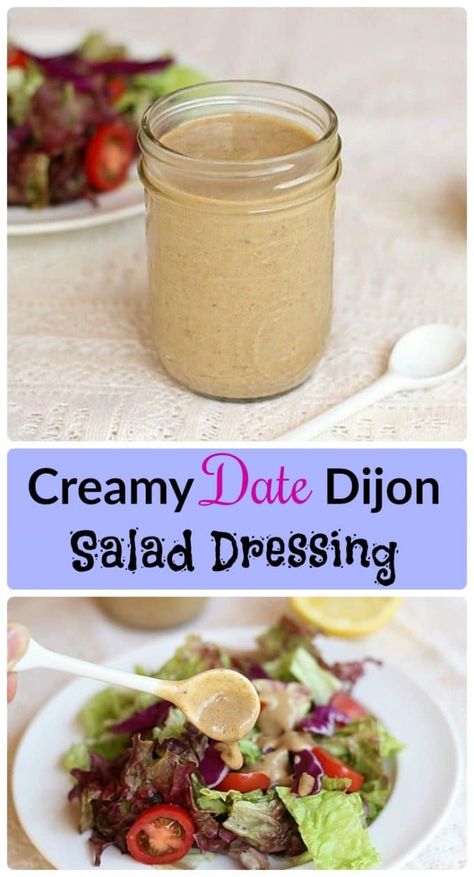 Creamy Date Dijon Salad Dressing - Smooth, tangy, and slightly sweet from the addition of soft and chewy dates. Vegan, paleo, nut-free. Date Dressing Recipe, Date Vinaigrette, Dijon Salad Dressing, Date Dressing, Dijon Salad, Date Salad, Dr Fuhrman Recipes, Lighter Meals, Vegan Salad Dressing Recipes