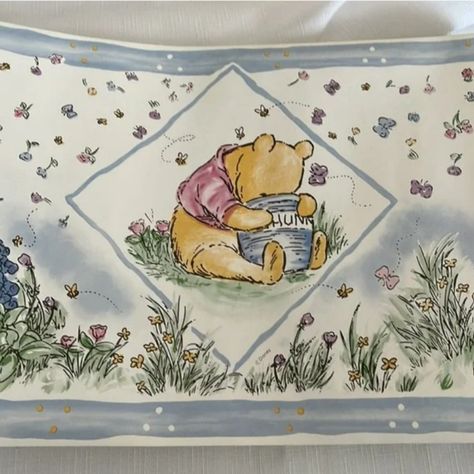 Disney's Winnie The Pooh Sunworthy Wall Border, Classic Pooh, 5 Yards Per Roll Self-Stick Self Stick Winnie The Pooh Wall Border Is 10-1/4" Wide X 5 Yards (4.57m) Long Border Features Artwork Of Winnie The Pooh With His Hunny Jar Surrounded By Flowers And A Light Blue Border Would Make A Nice Decorative Accent In Any Child's Room Colors: Blue, Cream Background Prepasted - Scrubbable - Strippable Height: 10.25 Inches Length: 15 Feet Each Pattern Repeat: 20.5 Inches Use Additional Paste If Needed Wallpaper Border Nursery, Wallpaper Boarder, Classic Winnie The Pooh Nursery, Winnie The Pooh Wallpaper, Nursery Wallpaper Border, Pooh Wallpaper, Stamping Textiles, Winnie The Pooh Nursery, Classic Pooh