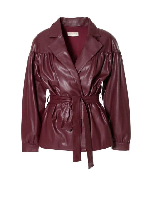 Jacket made of soft, delicate, high-quality vegan leather. Design refers to the trends of the 80s. Design with a perfectly refined neck construction modelling the shoulder line - additionally accented by sewn oval pillows. Wrinkling on sleeves, fronts and back giving space and a feminine character to the design. Sleeves finished with cuffs fastened with leather snaps. Double-breasted clasp with hand-sewn press studs, covered in vegan leather. Waist underlined with a tied belt. Pockets in the sid Pink Alternative Fashion, Malaga Wine, Nyc Aesthetic, Press Studs, Red Jacket, Leather Design, Malaga, Fashion Drawing, Ethical Fashion