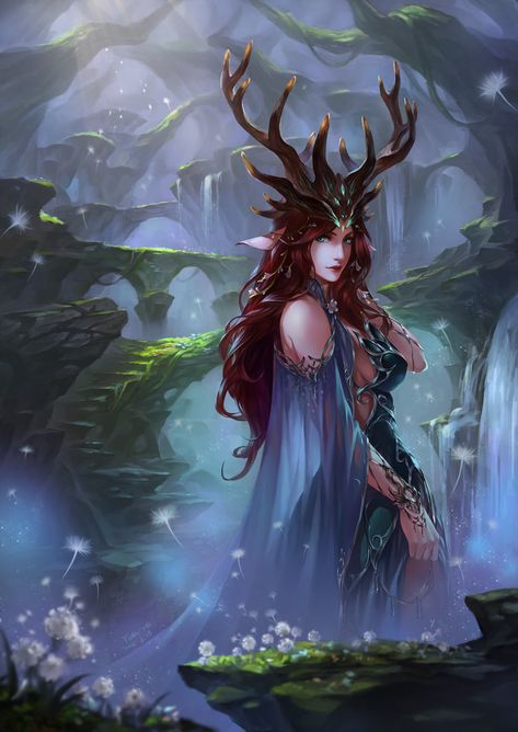 Forest Guardian Concept Art, Fey Queen Fantasy Art, Fae Queen Art, Fairy Queen Fantasy Art, Elf Queen Art, Druid Queen, Forest Goddess Art, Archfey Art, Spring Eladrin Female