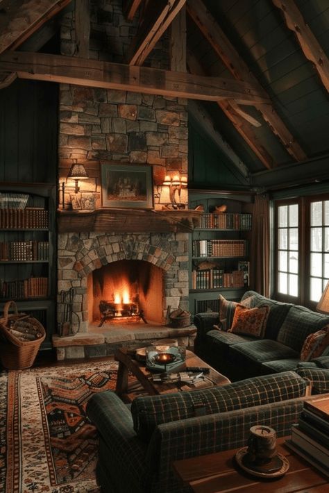 45  Dark Green Living Room Ideas to Create a Luxe Atmosphere Cabin Living Room Ideas, Rustic Stone Fireplace, Fireplace Cozy, Rustic Living Room Ideas, Christmas Living Room Decor, Cabin Living Room, Cabin Tiny House, Rustic Fireplaces, Christmas Living Room