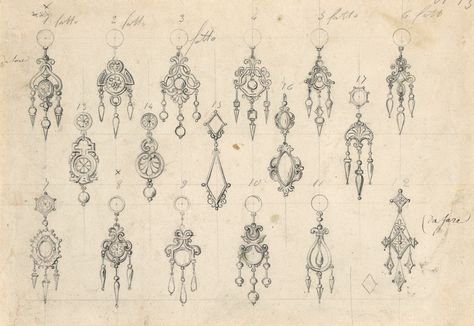 Robert Hadley — Drawing, Design for seventeen earrings, 1850.... Vintage Jewelry Drawing, Antique Jewelry Design, Jewellery Design Sketches Jewelry Drawing, Seventeen Earrings, Earrings Drawing, Art Deco Jewelry Vintage, Jewelry Rendering, 타이포그래피 포스터 디자인, Art Jewelry Design