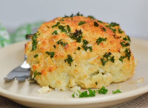 Parmesan Crusted Baked Cauliflower Baked Coliflower, Baked Califlower, Cauliflower In Oven, Quick Meals For Two, Baked Cauliflower Recipe, Potatoes And Tomatoes, Parmesan Cauliflower, Homemade Spaghetti Sauce, Whole Roasted Cauliflower