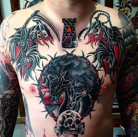 Traditional American tattoo black and red . Male chest piece Black And Red Traditional Tattoo Sleeve, Red And Black Traditional Tattoo, American Traditional Tattoos Chest, Traditional Tattoos Chest, American Traditional Chest Piece, Black And Red Traditional Tattoo, Red Traditional Tattoo, Traditional American Tattoo, Traditional Chest Tattoo