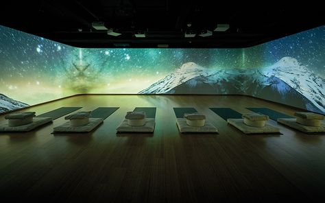 9 Most Beautiful Yoga Studios in the World - Destination Deluxe Immersive Projection Room, Sound Meditation Room, Wellness Space Design, Blue Yoga Studio, Beautiful Yoga Studio, Green Yoga Room, Multisensory Design, Yoga Center Design, Modern Yoga Studio