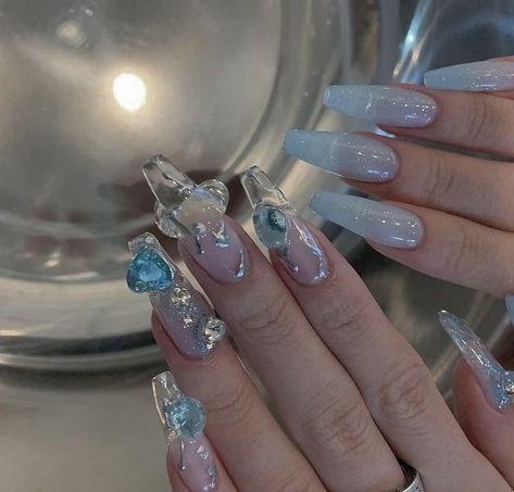 Icy Gel Nails, Cold Blue Nails, Blue Icy Nails, Icy Nails Acrylic, Blue Clear Nails, Cold Nails Winter, Gel Nails Clear, Nails Icy Blue, Clear Blue Nails