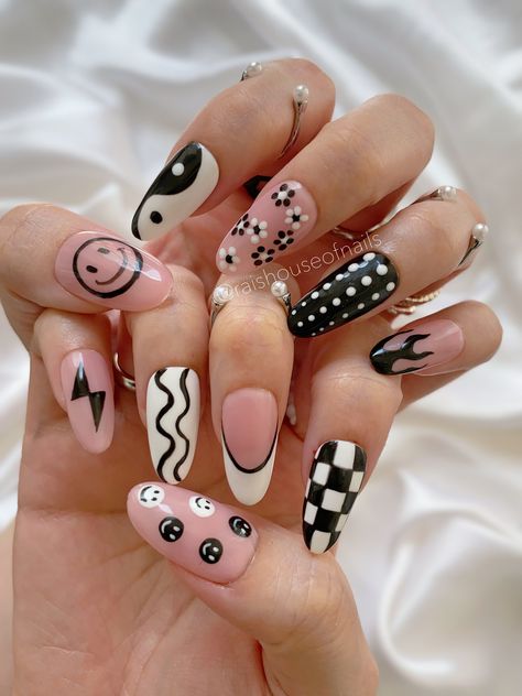 Nails With Multiple Designs, Black And White Edgy Nails, Different Nails On Each Finger, Car Theme Nails, Black And White Spring Nails, Fun Nails Black, Gel Nails With Designs, Coordinating Nails, 90s Inspired Nails