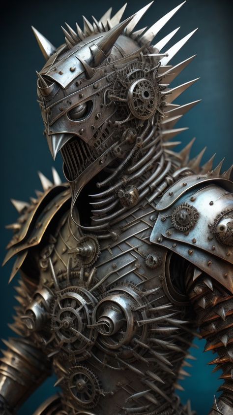 a close up of a statue of a man in armor, spiked metal armor, spiked scrap metal armor, steampunk armor, intricate metal armour, gothic armor, ornate gothic armor, ornate steel armour, ornate armor covered in thorns, steampunk warrior, biomechanical armor, angular metal armor, intricate metal armor, dieselpunk armor, armor style of giger, ornate cyberpunk armor Dieselpunk Armor, Spiked Armor, Steampunk Warrior, Man In Armor, Ornate Armor, Metal Armour, Gothic Armor, Steampunk Armor, Metal Armor