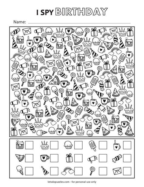 Free Printable I Spy Birthday Attention Worksheets For Kids, Concentration Worksheets, I Spy Birthday, Birthday Worksheet, I Spy Worksheets, Concentration Activities, Detective Skills, Printable Games For Kids, Critical Thinking Activities