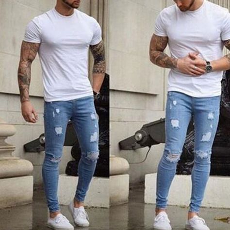 Men Fashion Straight Denim Jeans Trousers Slim Ripped Jean Skinny Biker Pants Ripped Jeans Style, Mid Waist Jeans, Street Jeans, Vans Converse, Ripped Jeans Men, Mens Fashion Edgy, Mens Fashion Smart, Mens Fashion Rugged, Hipster Mens Fashion