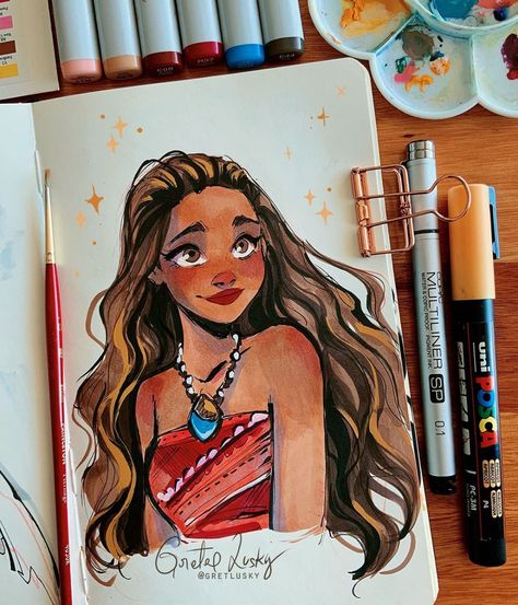 Gretel Lusky on Instagram: “Moana released on this day 4 years ago! I love this movie with all my heart ❤️❤️ . . . #moana #disney #disneyprincess #sketchbook #mixedmedia…” Art Markers Drawing, Moana Disney, Copic Marker Art, Disney Drawings Sketches, 디즈니 캐릭터, Prințese Disney, Disney Art Drawings, Disney Princess Drawings, Princess Drawings