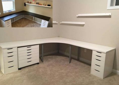 L Shaped Desk Craft Room, Corner Desk Organization Ideas, Office And Craft Room Combined, Ikea Corner Desk, Office Craft Room Combo, Sewing Room Furniture, Sewing Room Inspiration, Computer Gaming Room, Art Studio Room