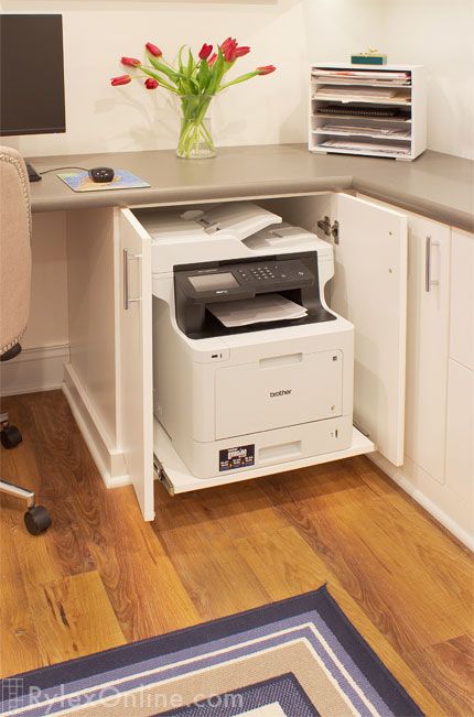 Large Printer Storage Ideas, Office With 2 Desks, Dual Desk, Office Cabinetry, Bed And Nightstand, Printer Storage, Bedroom Built Ins, Functional Office, Printer Cabinet