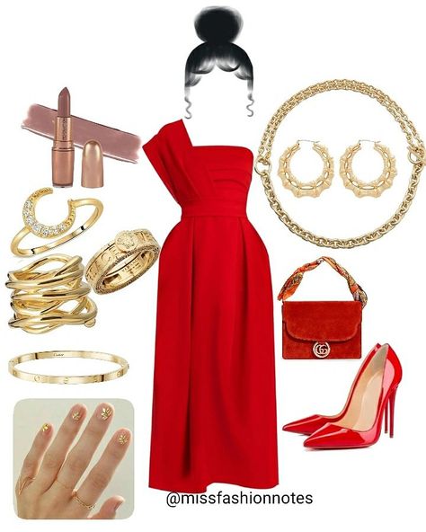 Red Dress With Gold Accessories, Red Dress Gold Accessories, Red Dress Accessories Jewelry, Red Dress Midi, Flowy Red Dress, Red Dress Accessories, Rain Fashion, High Bun Hairstyles, Fancy Fits