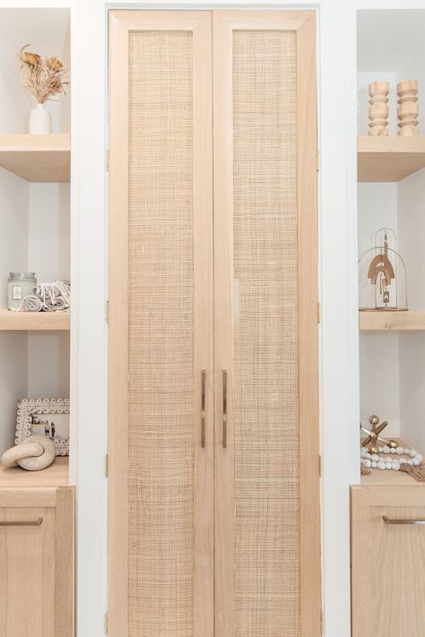 Lattice Closet Doors, Closet Doors Minimalist, Doors To Walk In Closet, Unique Closet Doors Wood, Rattan Closet Doors Modern, Cane Doors Closet, Narrow French Doors Closet, Pantry Closet With Sliding Doors, Boho Bedroom Closet Doors