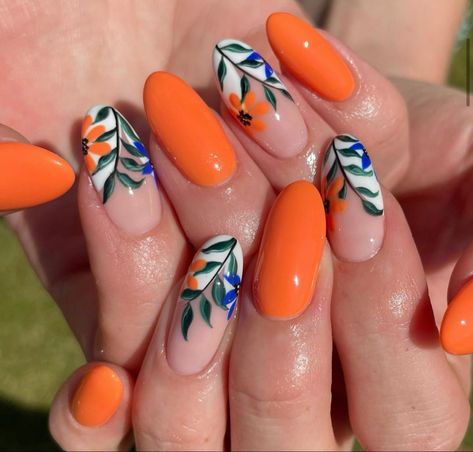 Nails With Rainbow, Orange Ombre Nails, Neon Orange Nails, Orange Nail Designs, Tangerine Color, Striped Nails, Orange Nails, Beauty Studio, Floral Nails