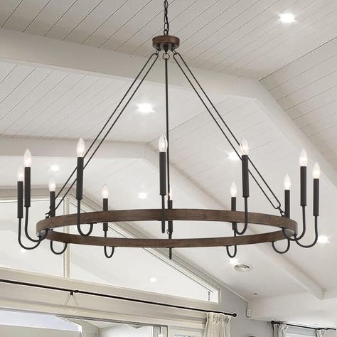 Modern Farmhouse Chandelier, Chandelier Store, Farmhouse Candles, Foyer Chandelier, Wheel Chandelier, Interior Design Themes, Wagon Wheel Chandelier, Farmhouse Chandelier, Large Chandeliers