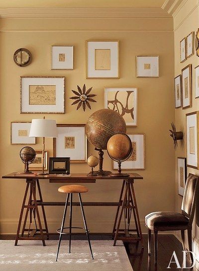 Monochromatic Interior, Monochromatic Room, Tan Walls, Suzanne Kasler, Traditional Office, Interior Vintage, Globe Decor, Atlanta Homes, Decoration Inspiration